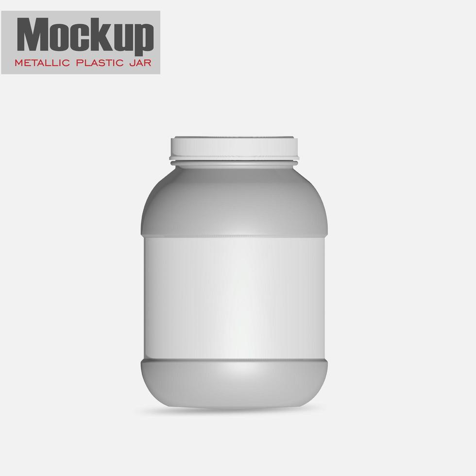 weißes metallisches Plastikglas mit Deckel und Etikett für Protein, Mass Gainer, Pulver, Pillen. fotorealistische Verpackungsmodellvorlage mit Musterdesign. 3D-Darstellung. foto