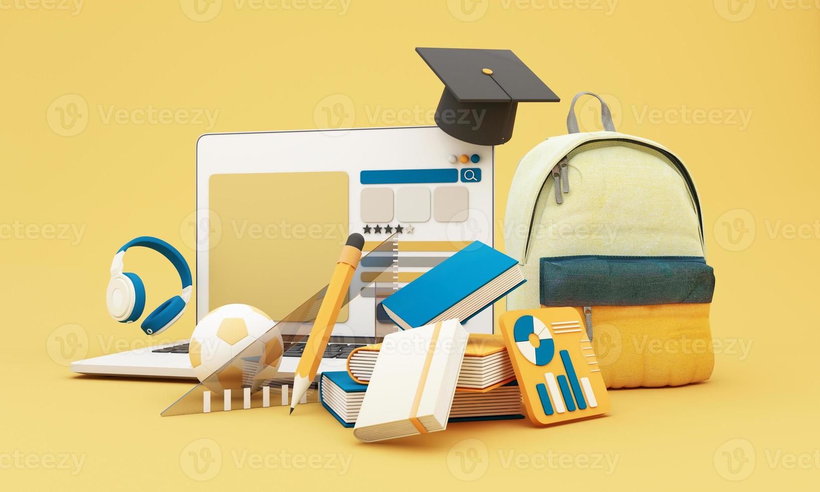 Zurück zur Schule Nehmen Sie mit Schulmaterial und -ausrüstung am Online-Lernen teil. laptop-bildschirm mit telefon- und schulzubehör und lehrbüchern auf gelbem und blauem hintergrund. Cartoon-3D-Rendering foto