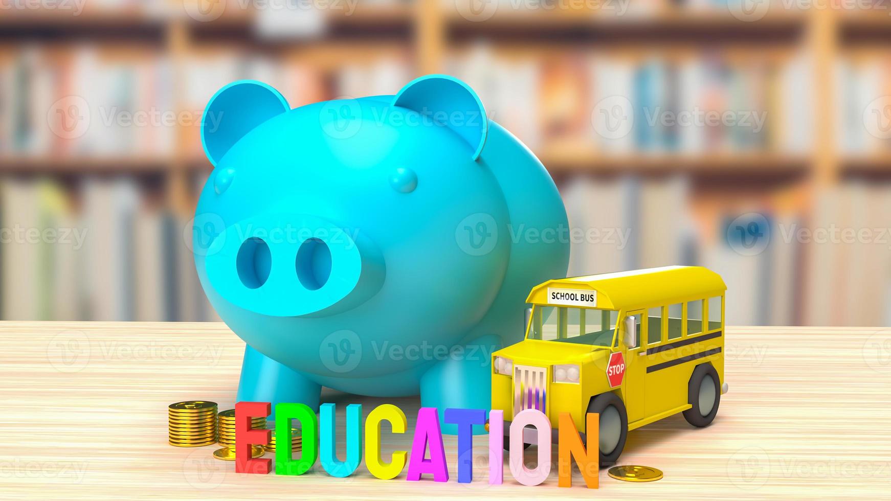 das blaue sparschwein und schulbusbild zum speichern der bildung 3d-rendering foto