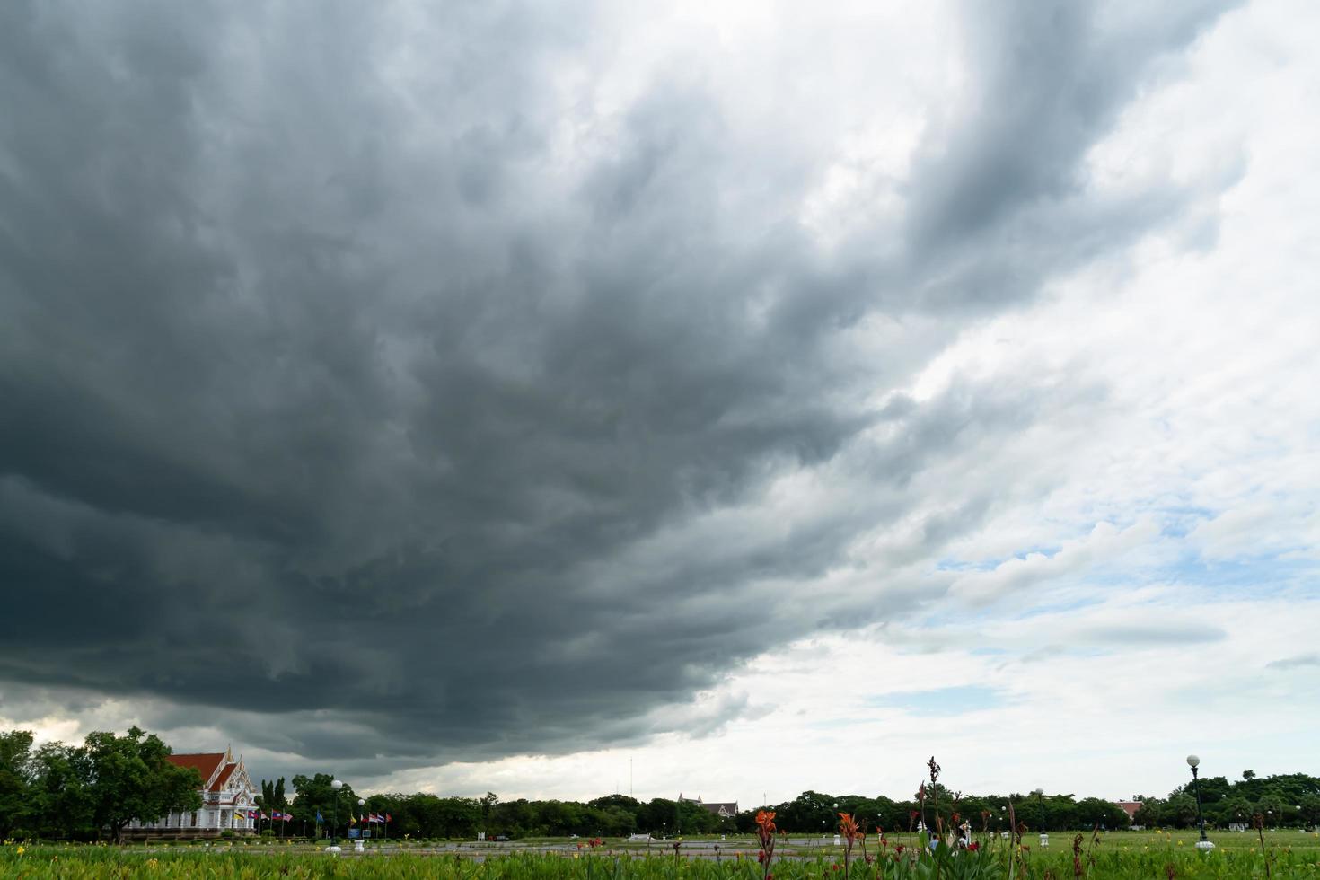 Regenwolken und grüne Wiese foto