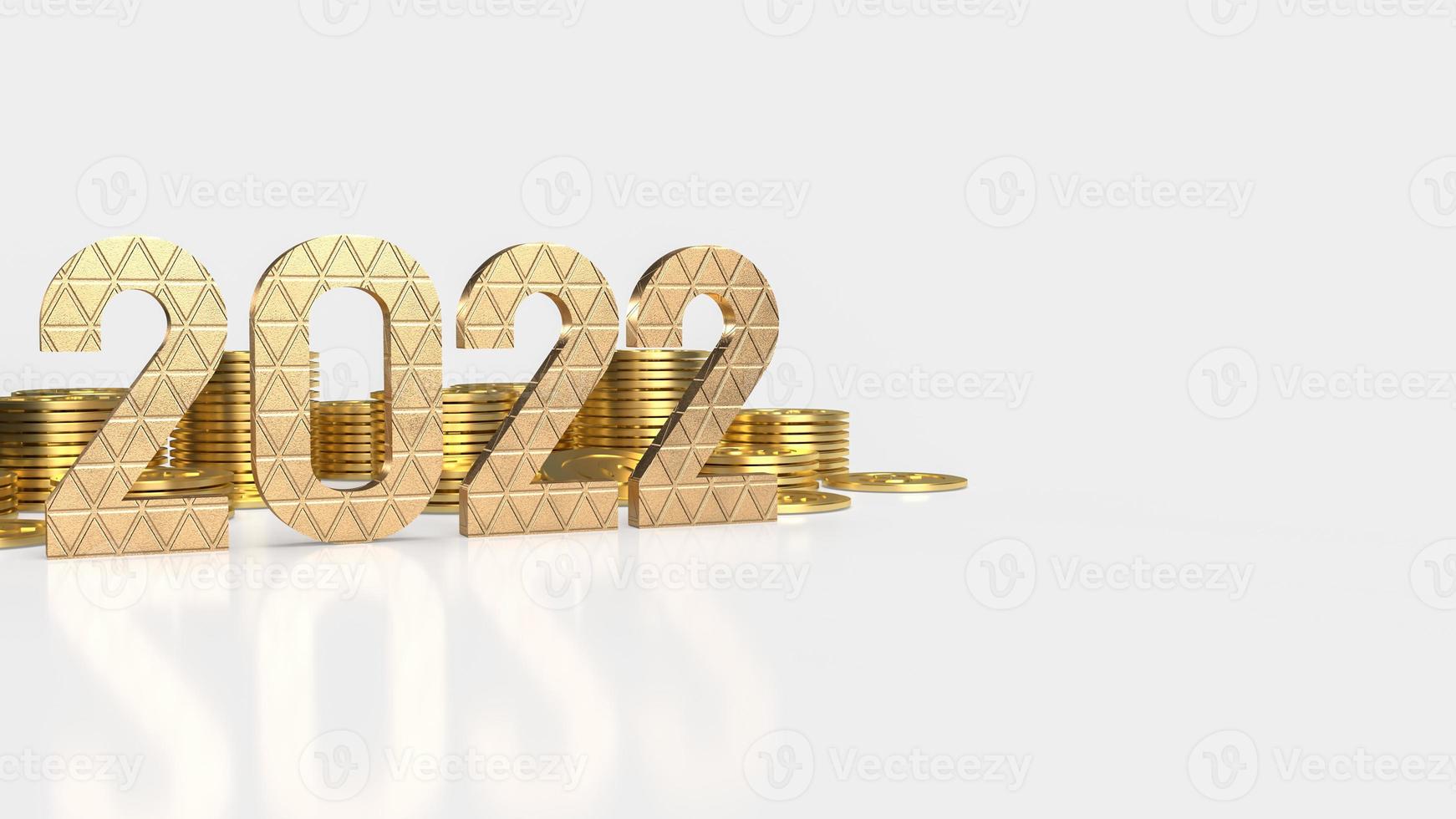 die goldzahl 2022 und goldmünzen auf weißem hintergrund für neujahr oder geschäftskonzept 3d-rendering foto