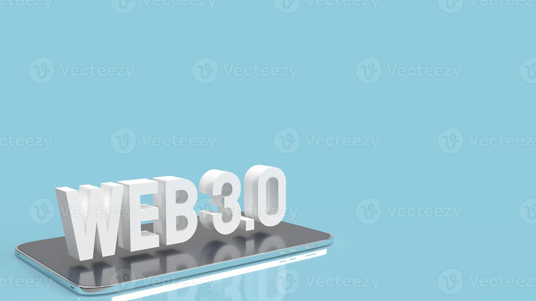 der weiße text des web 3.0 auf dem tablet in blauem hintergrund für die wiedergabe des technologiekonzepts 3d foto