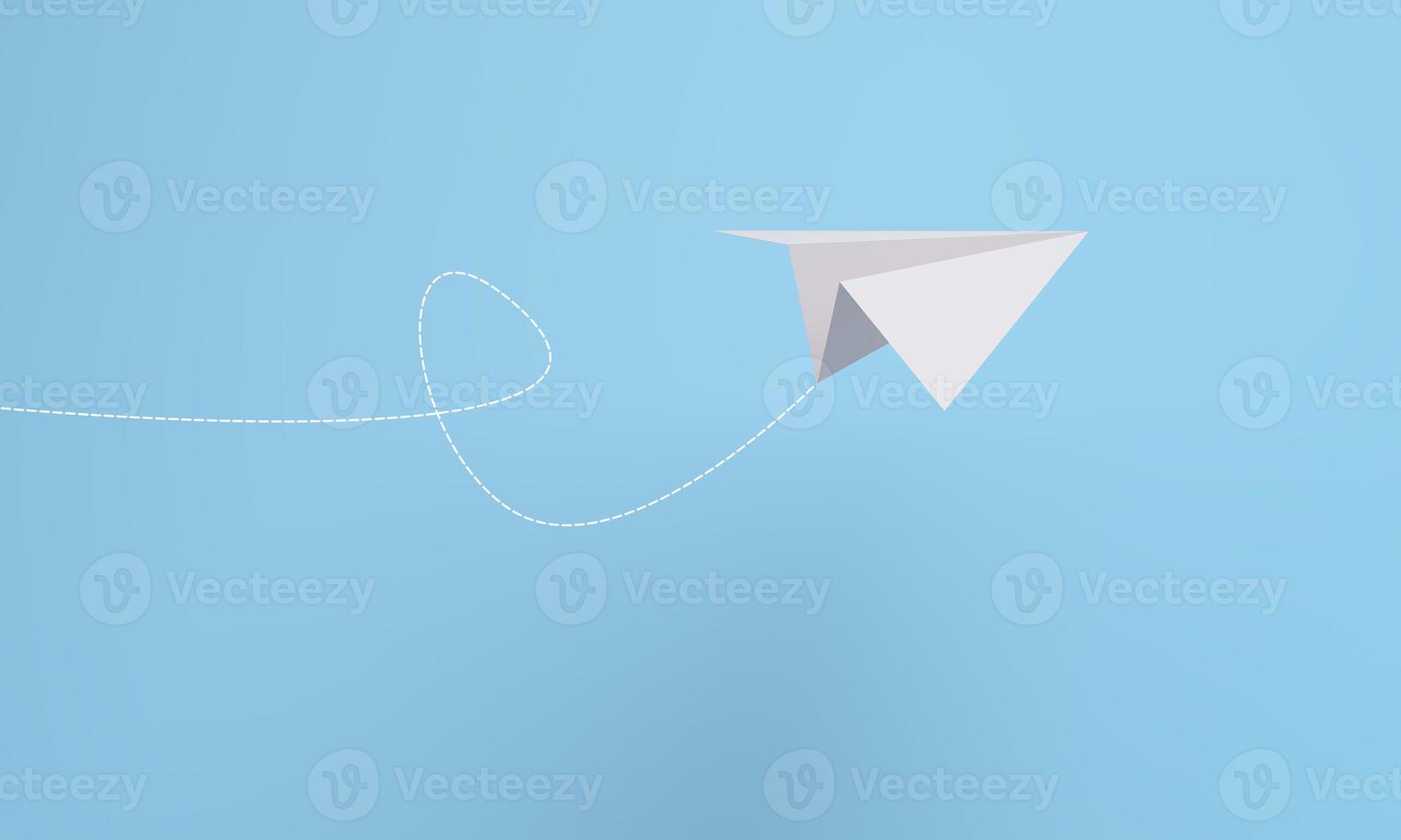 isometrisches weißes papierflugzeug, das auf blauem hintergrund fliegt. foto