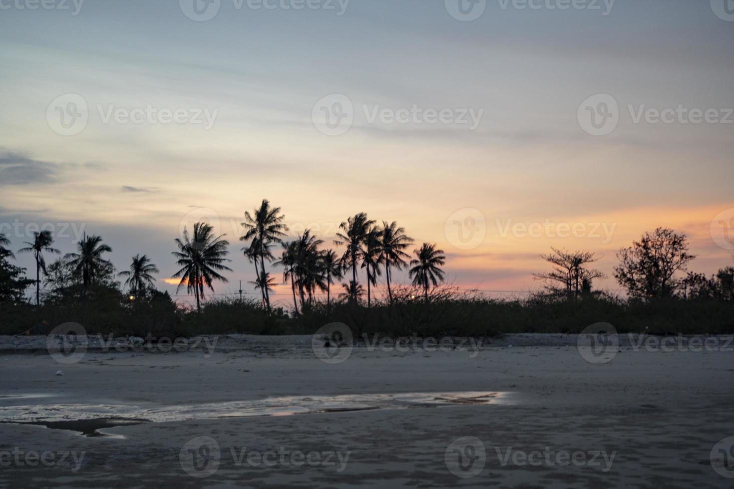 Panorama, Kokospalmen und Bäume, die den Strand Chao Samran und die Straße trennen, Himmel am Abend nach Sonnenuntergang foto