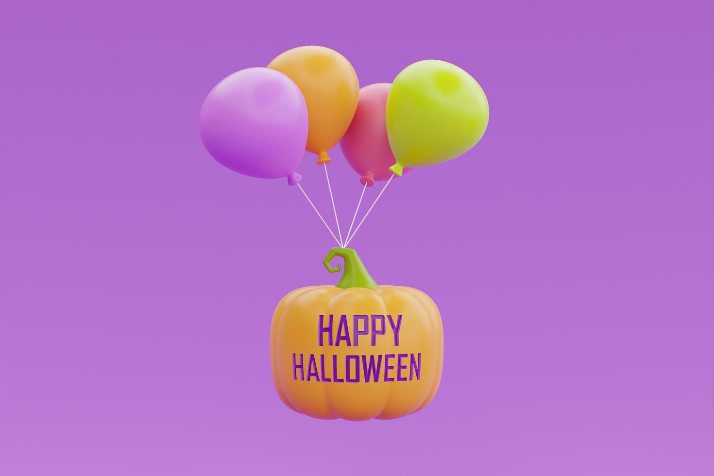 Fröhliches Halloween mit Kürbislaterne und buntem Ballon, der auf violettem Hintergrund schwimmt, traditioneller Oktoberurlaub, 3D-Darstellung. foto