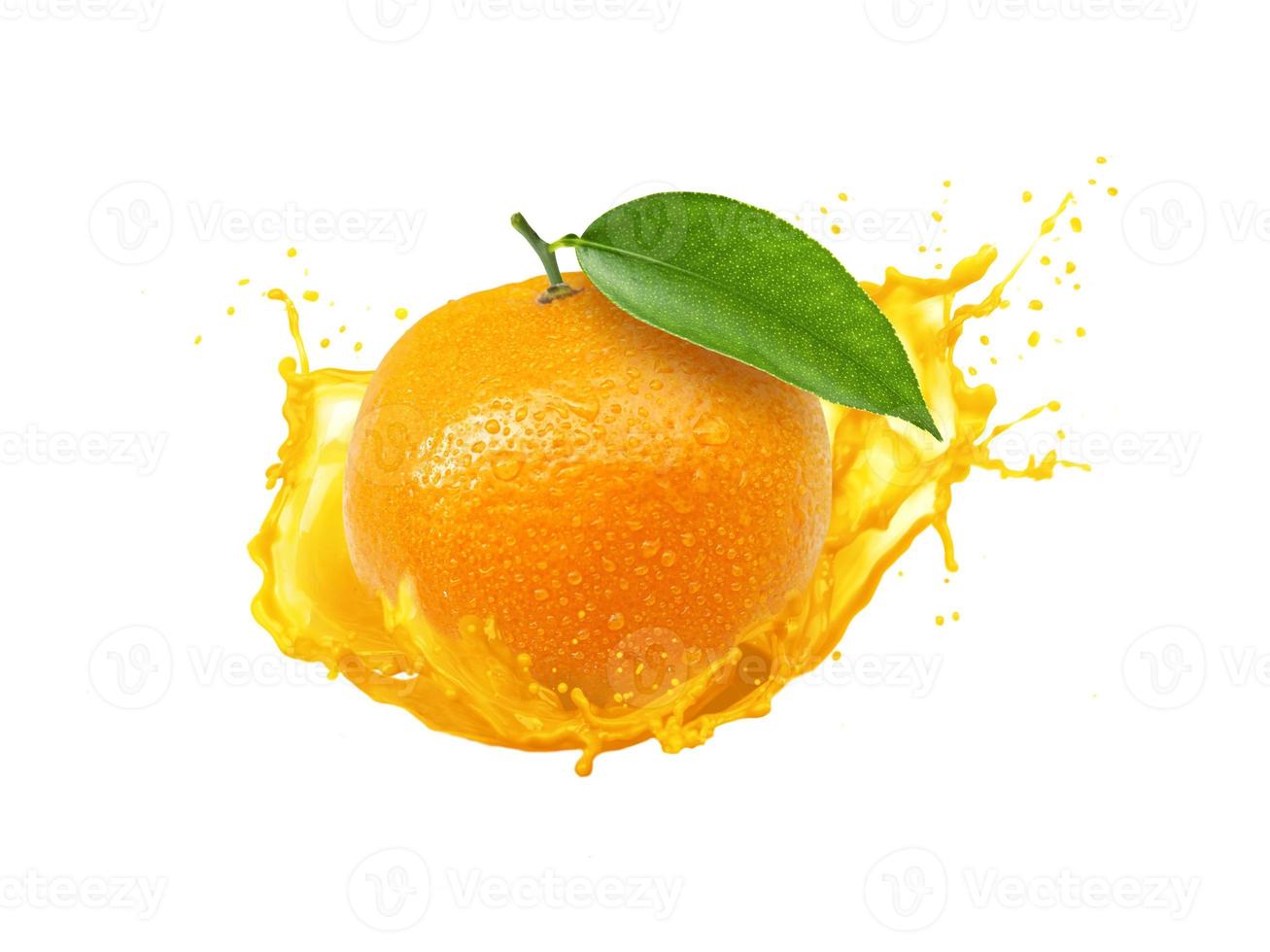 Orange mit Spritzer isoliert auf weißem Hintergrund, Orangensaft-Fotoretusche foto
