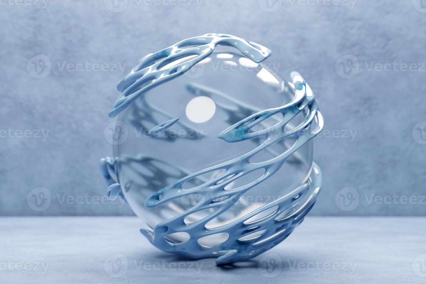 3D-Darstellung eines xblue Plastikballs mit vielen Löchern auf blauem Hintergrund. Cyber-Ball-Sphäre foto