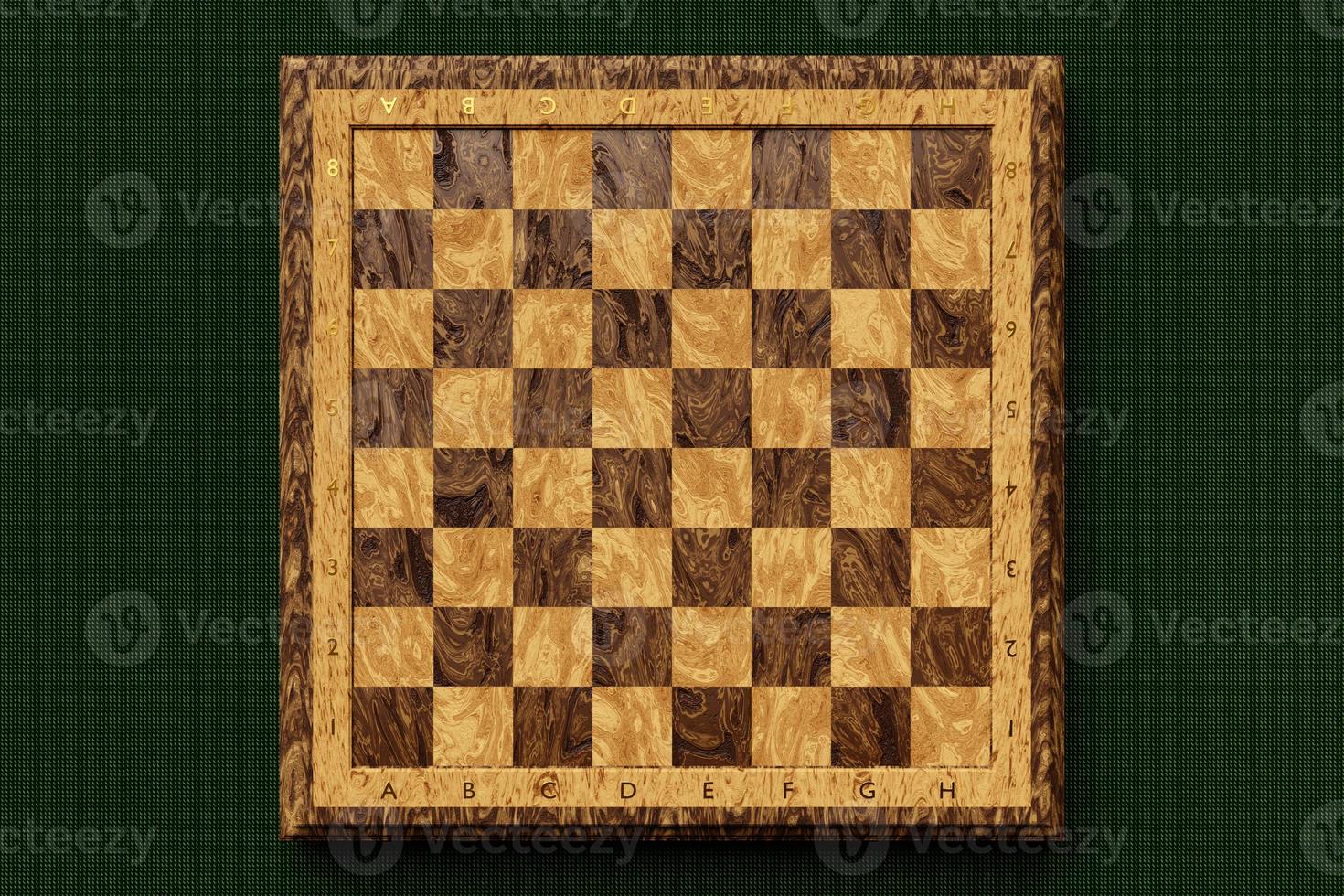 3D-Darstellung Süßes Schachbrett aus Holz am grünen Tisch. leeres Schachbrett foto