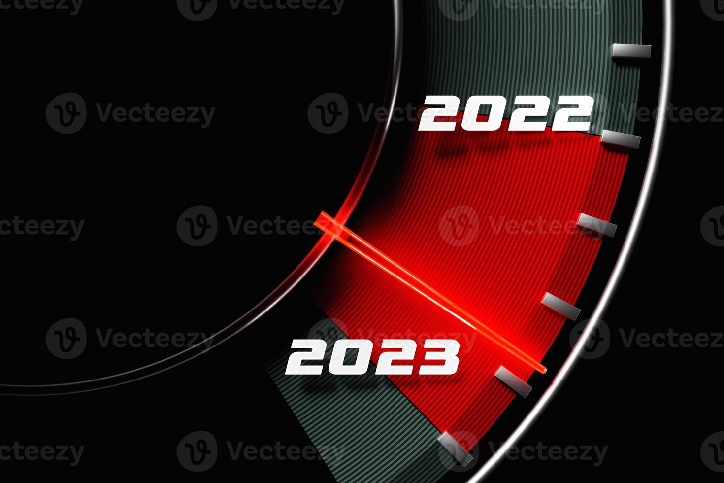 3D-Darstellung Nahaufnahme schwarzer Tachometer mit Cutoffs 2022,2023. das konzept des neuen jahres und weihnachtens im automobilbereich. Monate zählen, Zeit bis zum neuen Jahr foto