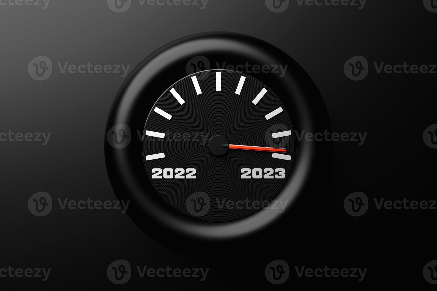 3D-Darstellung Nahaufnahme schwarzer Tachometer mit Cutoffs 2022,2023 und Kalendermonaten. foto