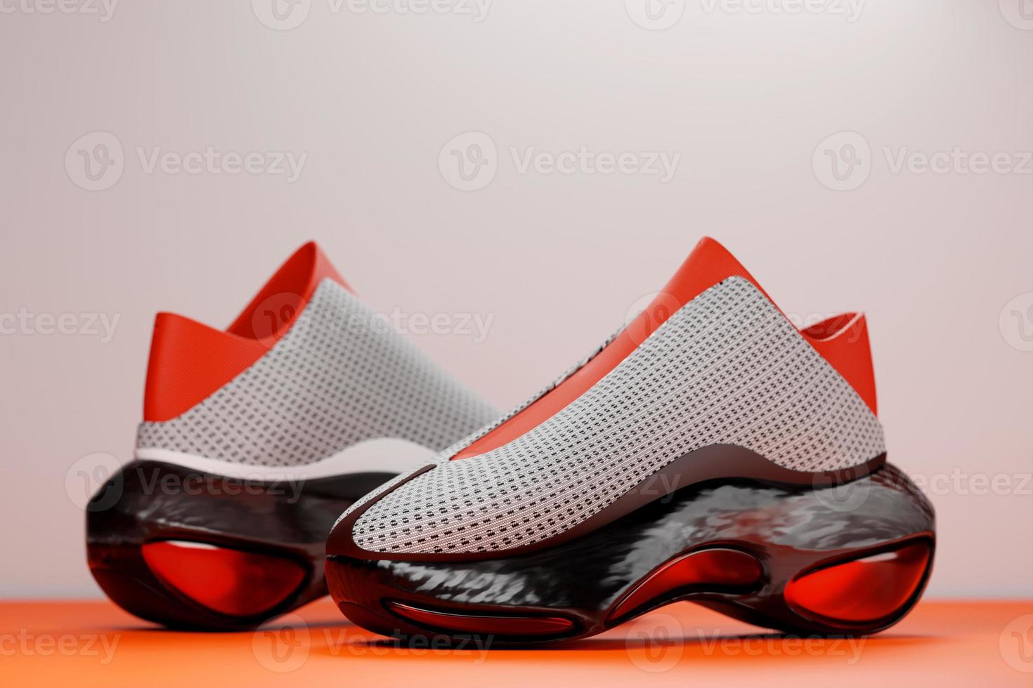 Helle sportliche Unisex-Sneakers aus grauem und rotem Canvas mit hohen schwarzen Sohlen. 3D-Darstellung foto