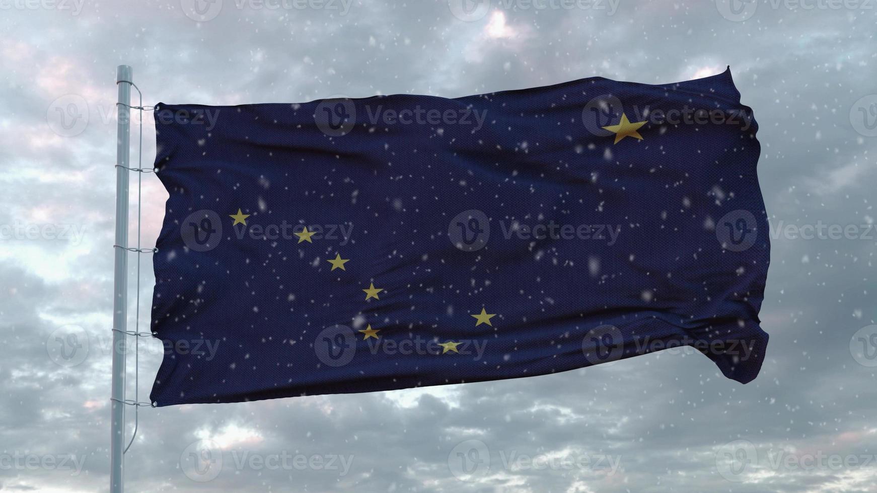Alaska-Winterflagge mit Schneeflockenhintergrund. vereinigte Staaten von Amerika. 3D-Darstellung foto