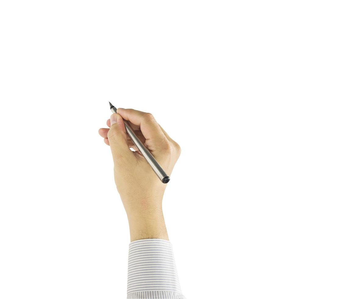 Der Mensch hält einen Stift, um etwas zu schreiben, das über Weiß isoliert ist foto