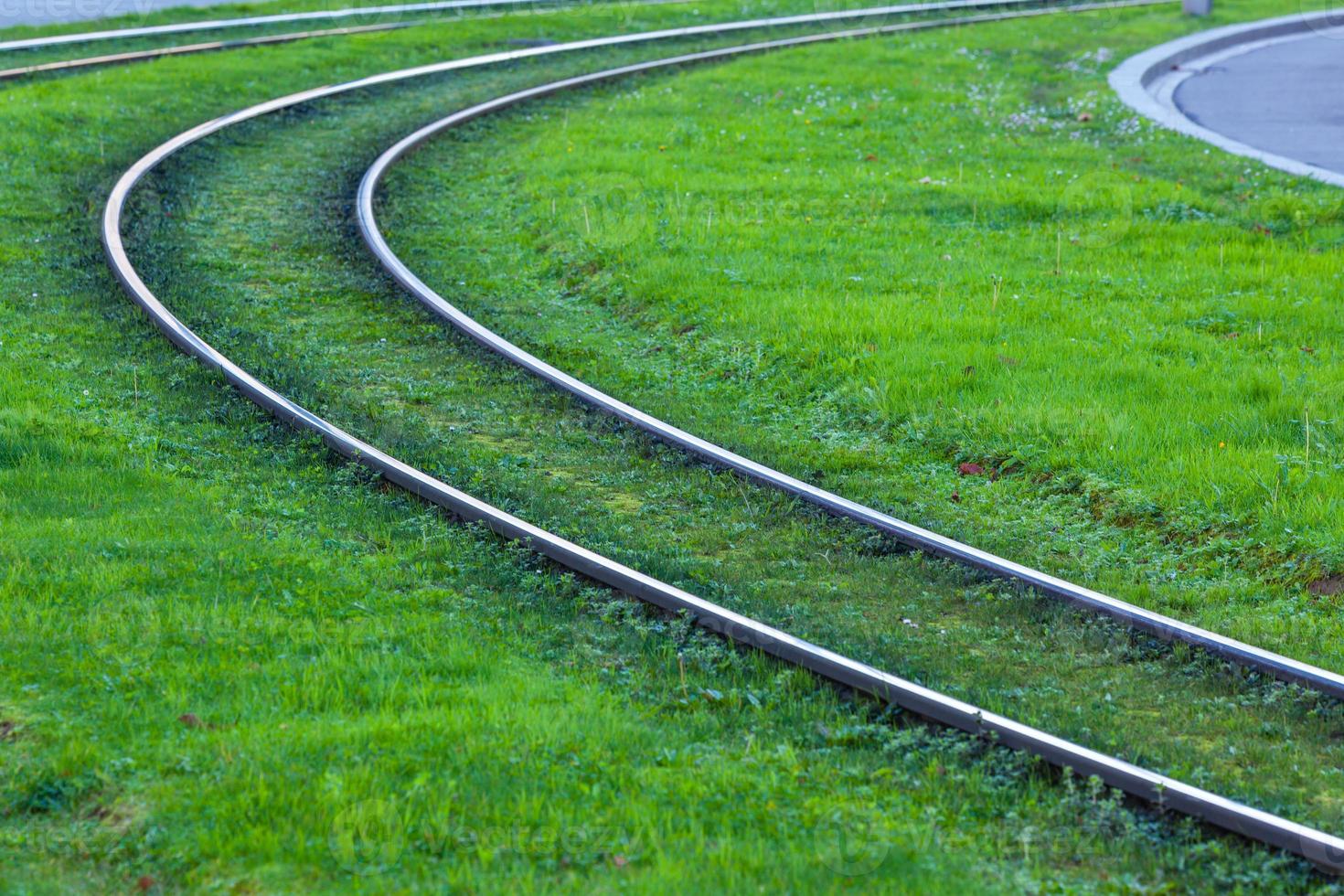 Straßenbahnschienen mit grünem Gras bedeckt foto