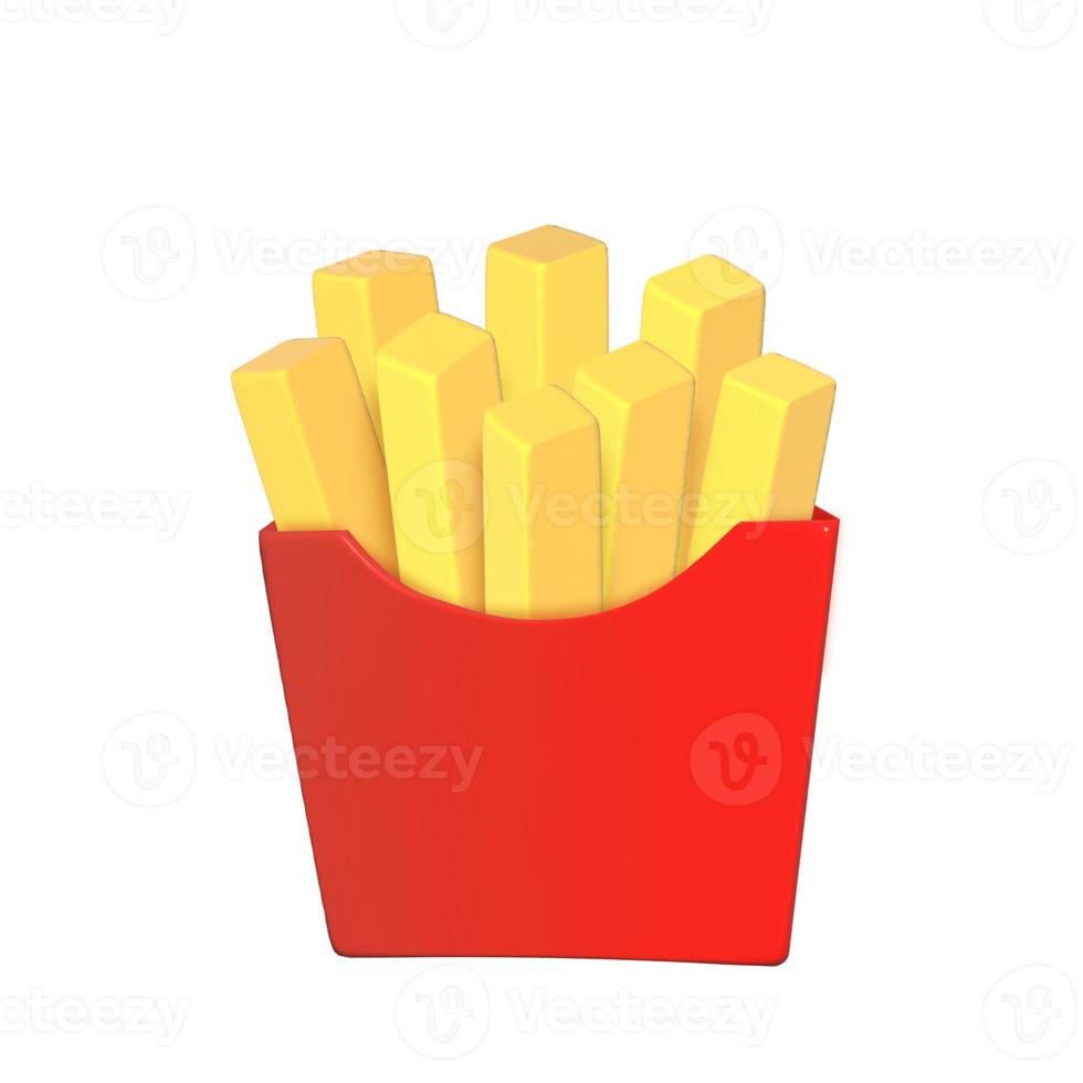 Packung Pommes Frites. Cartoon-Fast-Food-Bratkartoffel 3D-Render-Icon-Mock-up auf Weiß. foto