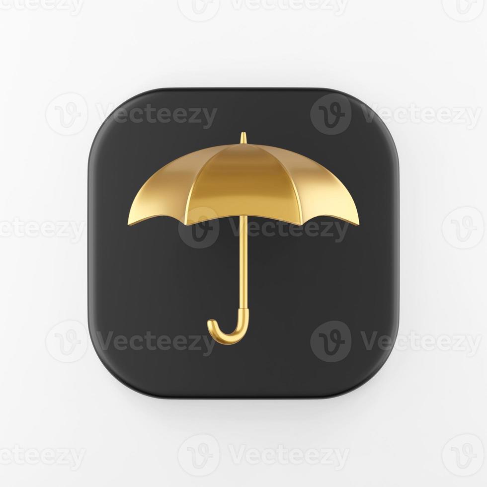 Symbol für goldenen Regenschirm. 3D-Rendering schwarze quadratische Taste, Interface ui ux Element. foto