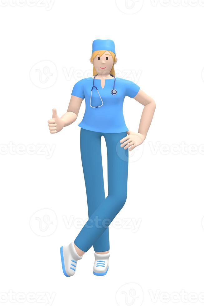 medizinischer Charakter junge weiße Ärztin Daumen hoch. Konzept wie, gut, Erfolg. Karikaturperson getrennt auf einem weißen Hintergrund. 3D-Rendering. foto