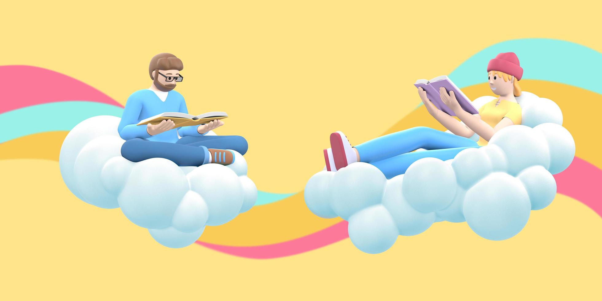 literaturfan ein junger mann mit bart und ein hipster-mädchen am himmel auf einer wolke lesen ein buch. lustige, abstrakte Cartoon-Menschen auf gelbem Hintergrund mit farbigen Wellen. 3D-Rendering. foto