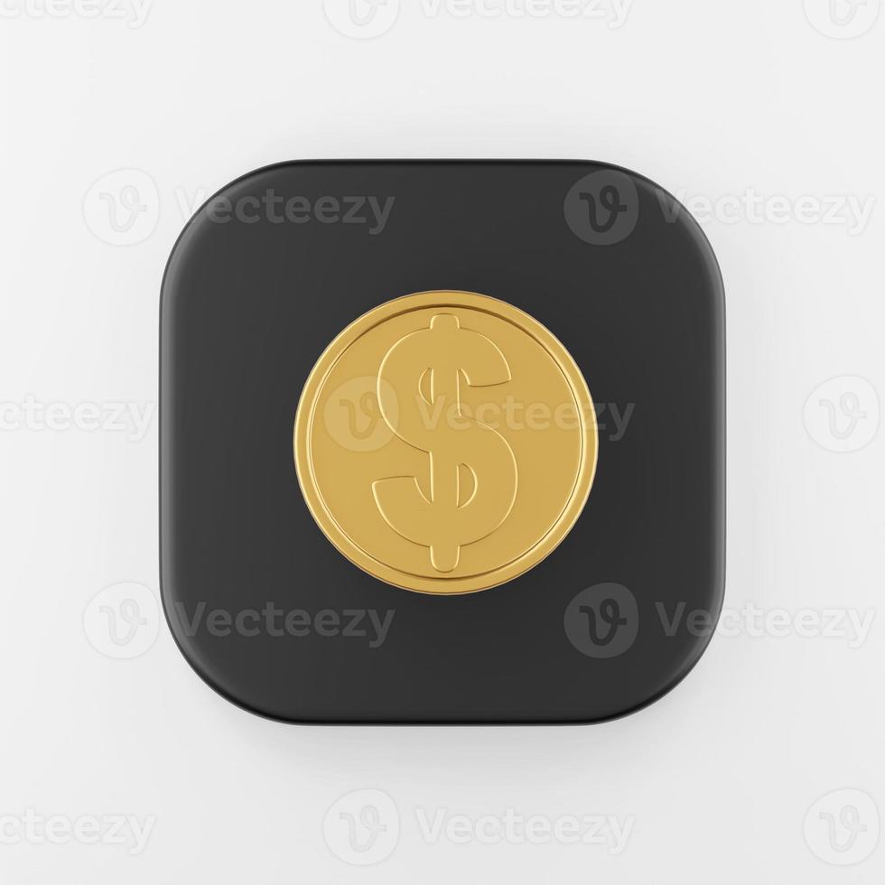 Dollar-Goldmünze-Symbol im Cartoon-Stil. 3D-Rendering schwarze quadratische Taste, Element der Benutzeroberfläche ui ux. foto