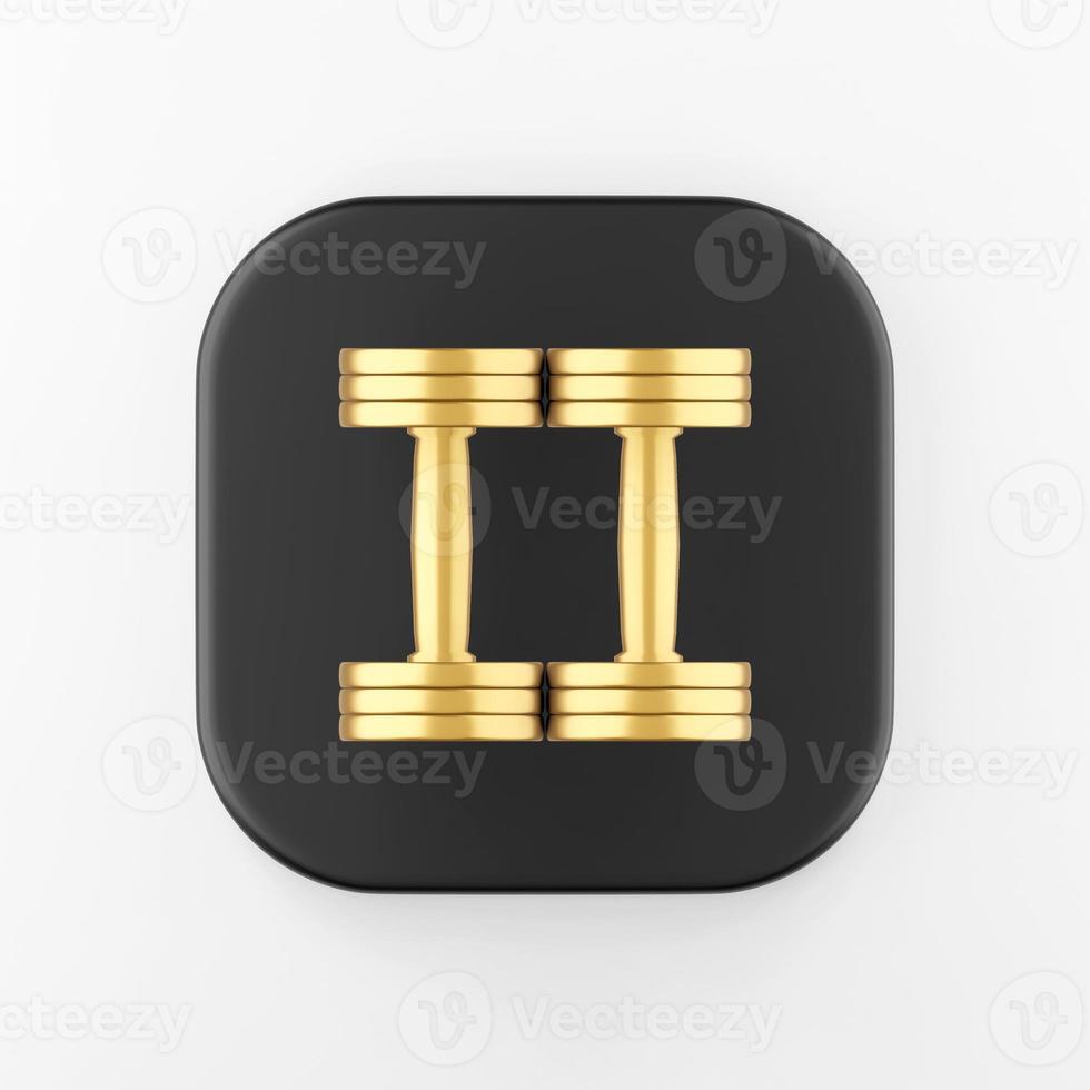 Draufsicht Symbol für goldene Hanteln. 3D-Rendering schwarze quadratische Taste, Element der Benutzeroberfläche ui ux. foto