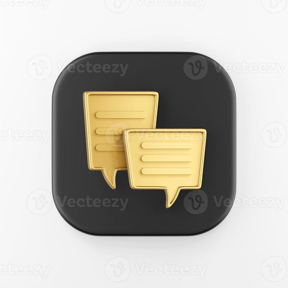 Symbol für goldene quadratische Sprechblasen. 3D-Rendering schwarze quadratische Taste, Interface ui ux Element. foto