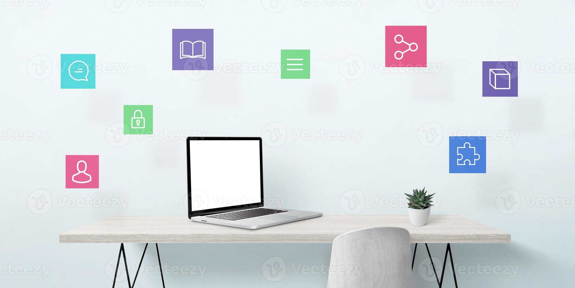 Laptop mit isoliertem Bildschirm für Mockup auf dem Schreibtisch, umgeben von fliegenden Internetsymbolen foto