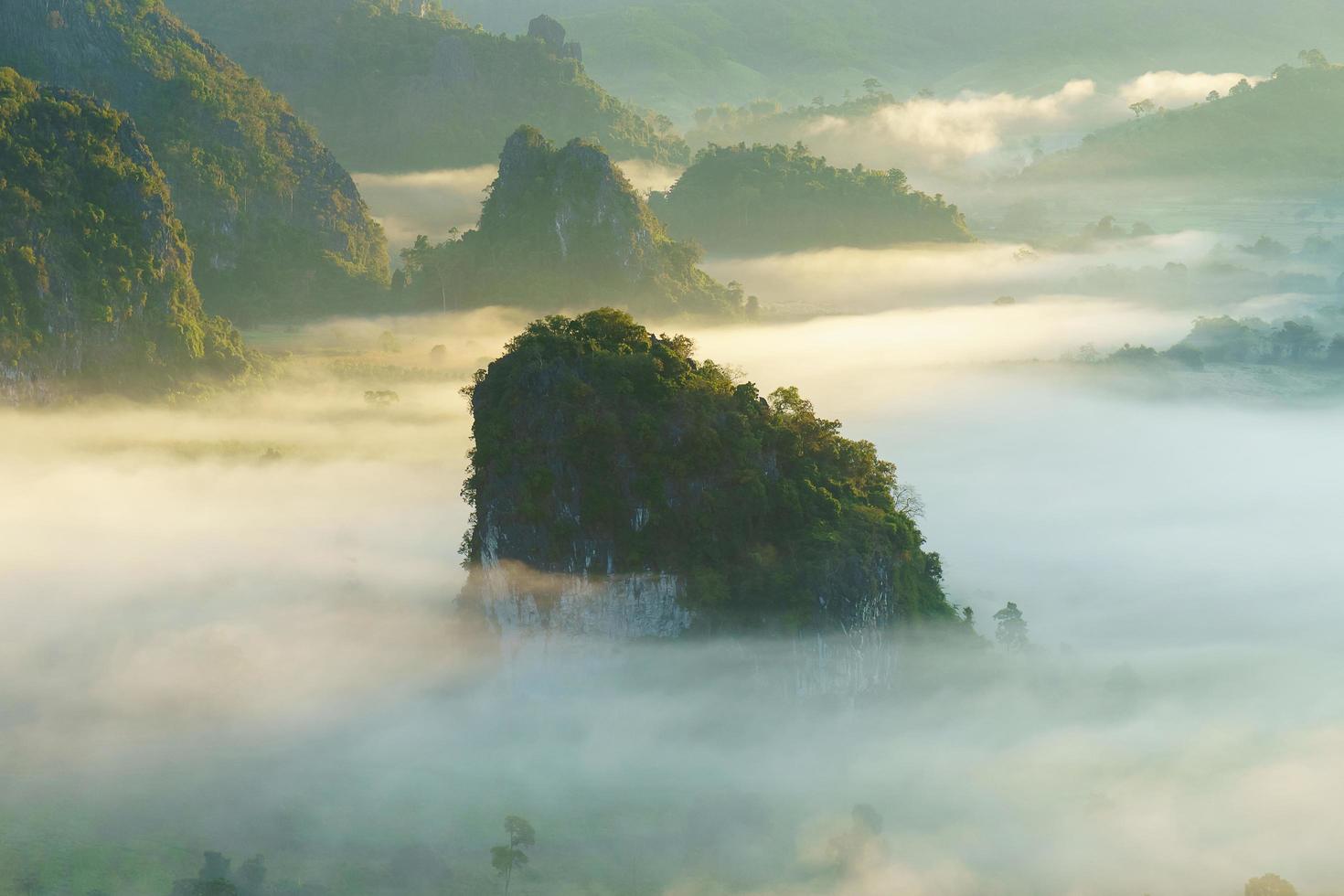 das Nebelmeer mit Wäldern im Vordergrund. Dieser Ort ist in Phu Lang Kha, Thailand. foto