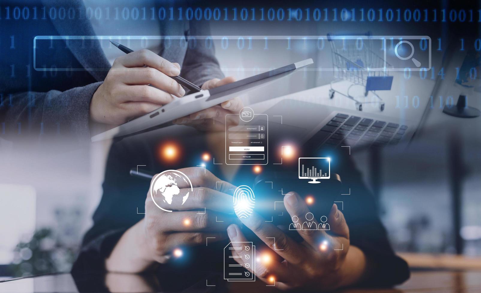 Online-Transaktionen, Geschäftsmann, der Fingerabdruckscan berührt, bietet eine Sicherheitsschnittstelle für Zahlungen, Einkaufsbanking und Cloud-Computing-Netzwerkverbindung auf einem virtuellen Bildschirm. foto