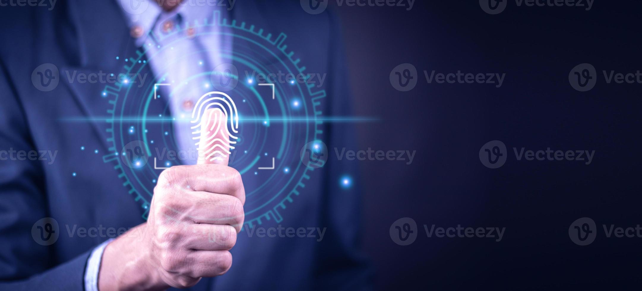 futuristische digitale verarbeitung von biometrischen identifikations-fingerabdruckscannern. konzept der überwachung und sicherheitsprüfung digitaler programme cyber-futuristische anwendungen foto