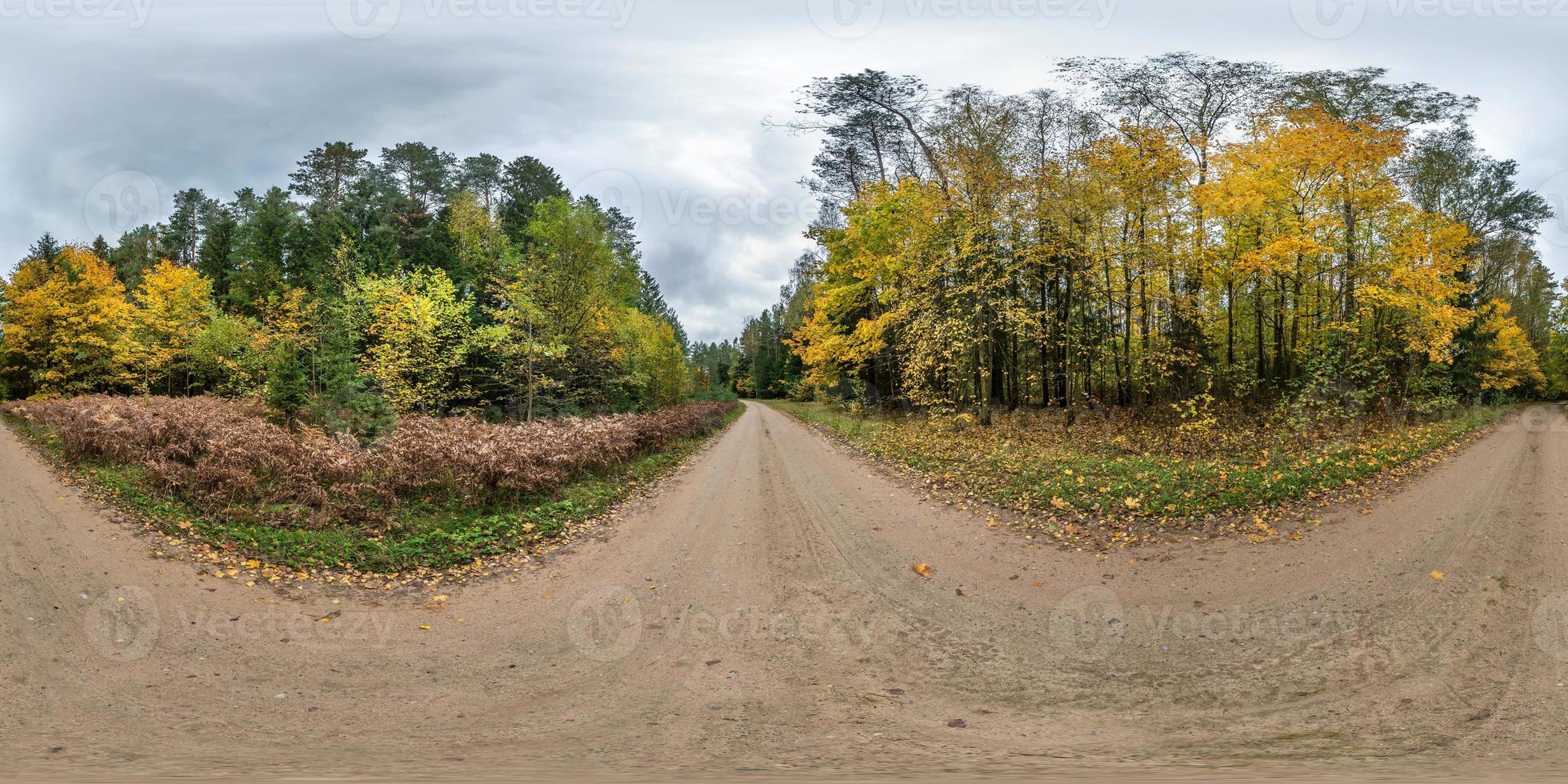 Vollständiges, nahtloses sphärisches HDRI-Panorama 360-Grad-Winkelansicht auf Schotterstraße im Herbstwald mit grauen Wolken am Himmel in equirectangularer Projektion, vr ar-Inhalt. foto