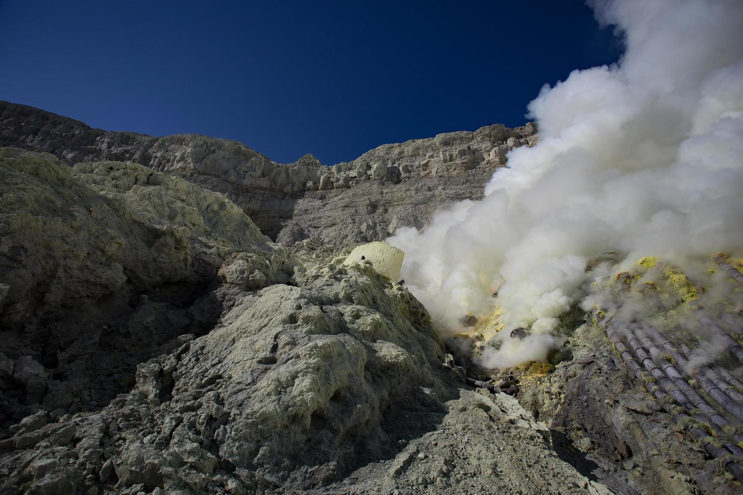 Schwefelmine im Krater des Vulkans Ijen, Ost-Java, Indonesien foto