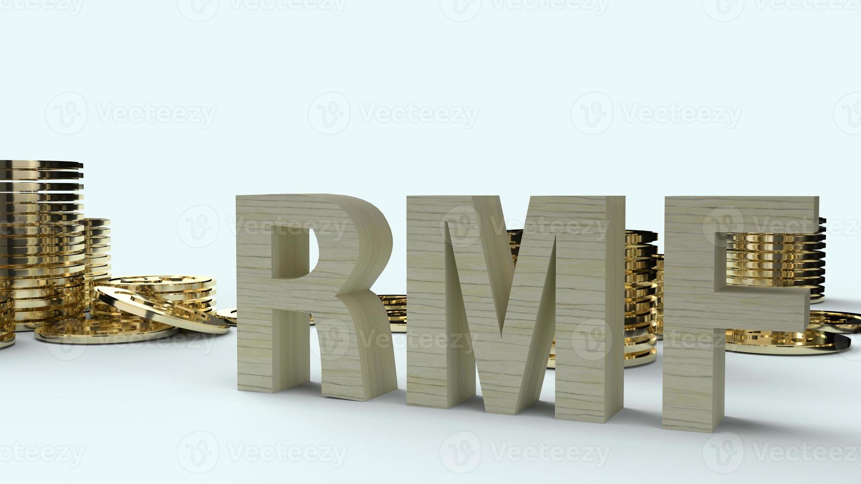 holztext rmf und goldmünzen 3d-rendering für geschäftsinhalte. foto