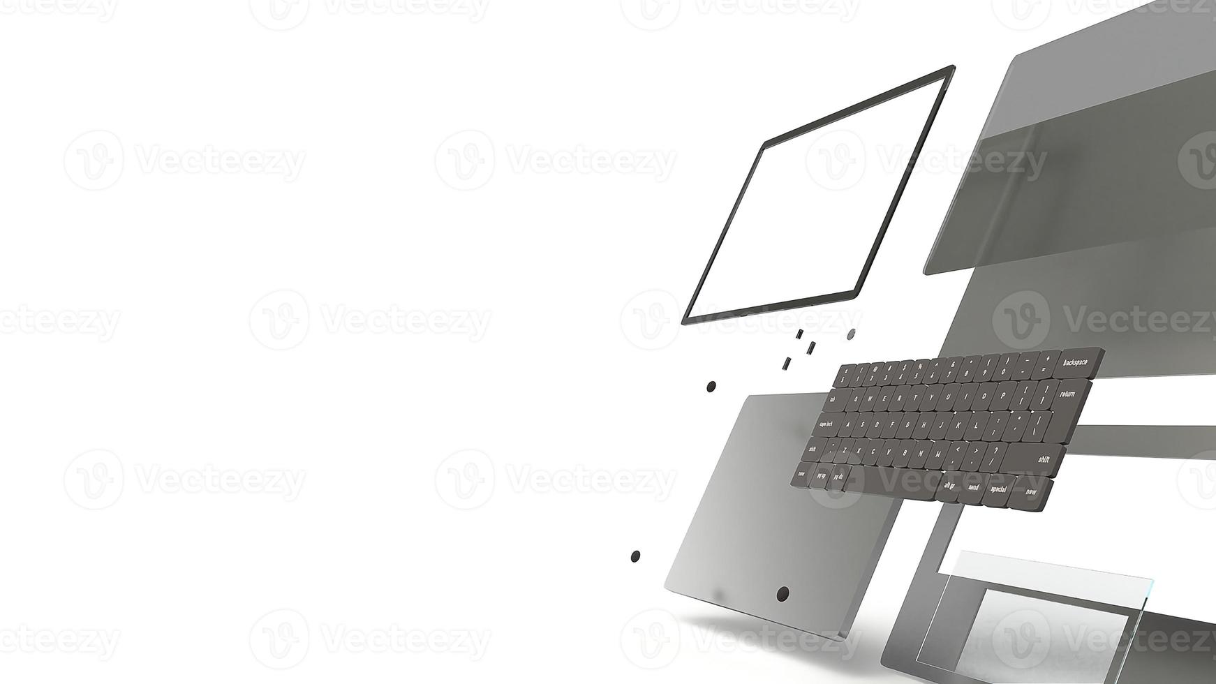 Laptop-Teile auf weißem Hintergrund 3D-Rendering. foto