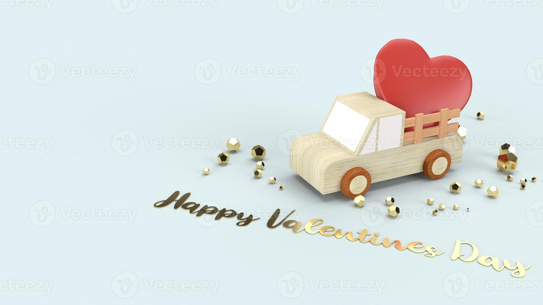 Holzlastwagen und rote Herzen 3D-Rendering für Valentinsinhalte. foto