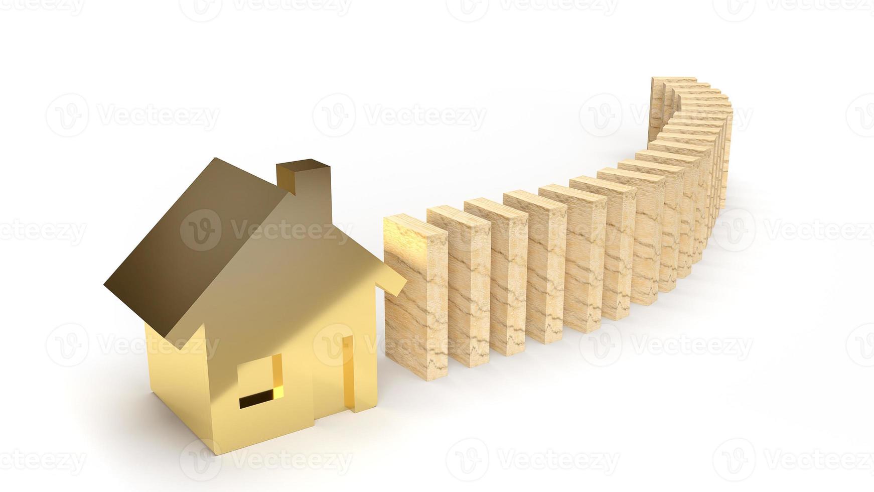 das holz domino und gold haus 3d-rendering abstraktes bild für eigentumsinhalte. foto