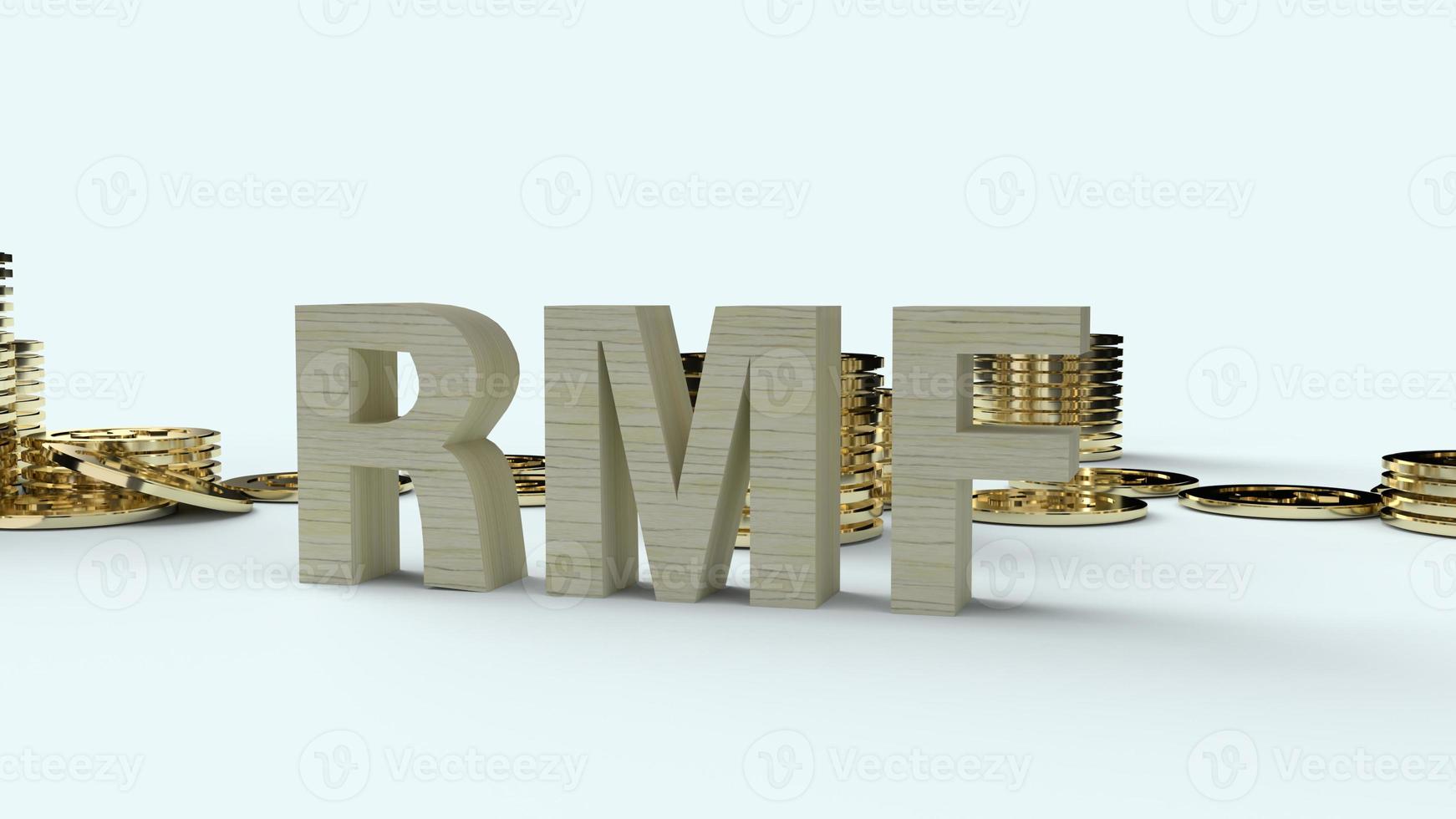 holztext rmf und goldmünzen 3d-rendering für geschäftsinhalte. foto