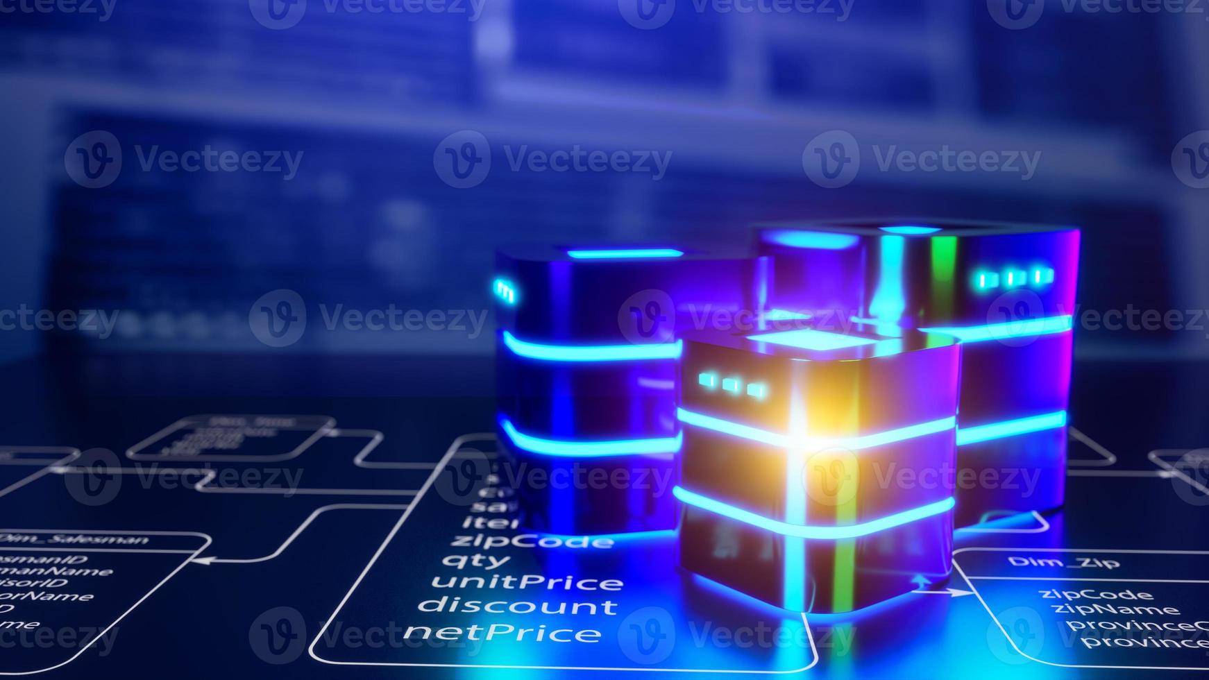 Mehrere Datenbanken werden auf relationalen Datenbanktabellen mit Serverraum- und Rechenzentrumshintergrund platziert. konzept von datenbankserver, sql, datenspeicherung, datenbankdiagrammdesign. 3D-Darstellung. foto