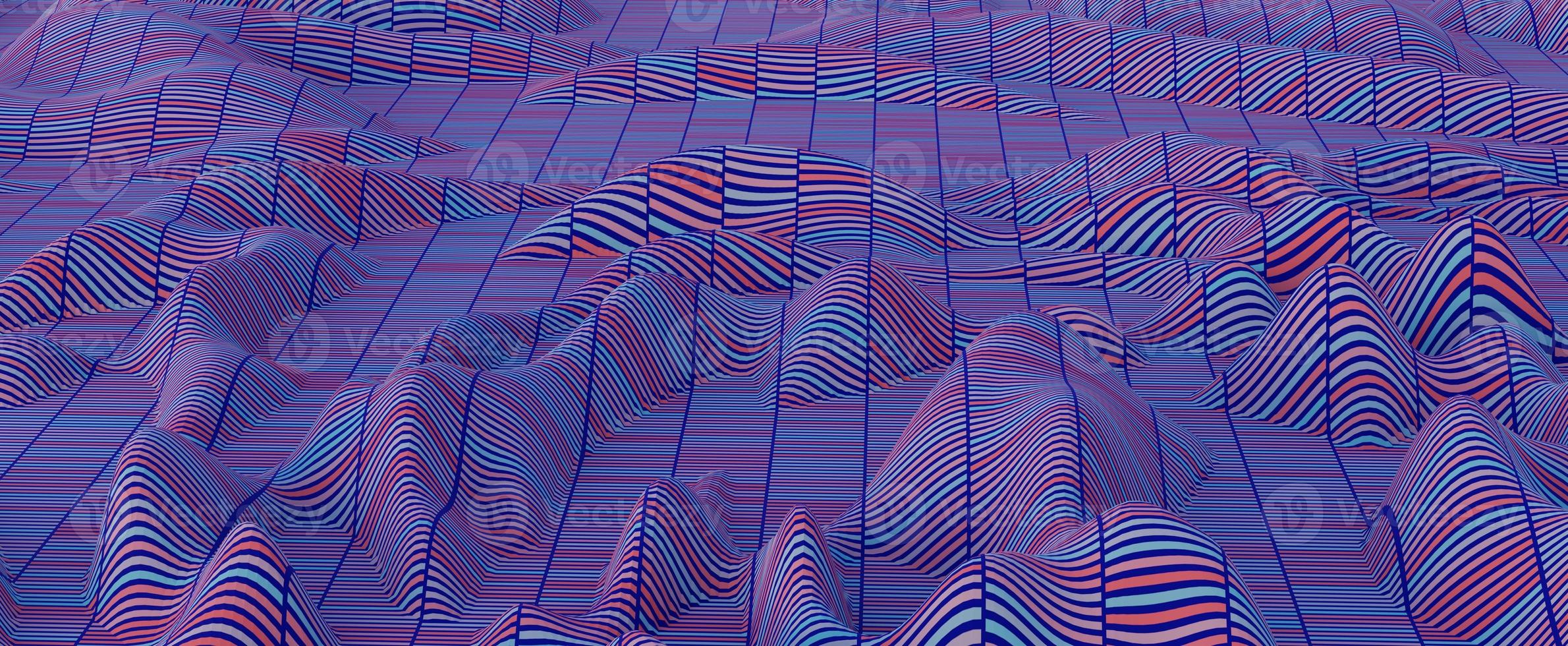 digitale Zusammenfassung bewegt Hügelhintergrund wellenartig. futuristische synthwave-berge auf mesh-oberfläche 3d-rendering mit verzerrung. blaue wellenförmige Texturen mit violetten Streifen und dynamischen Cyberkurven foto