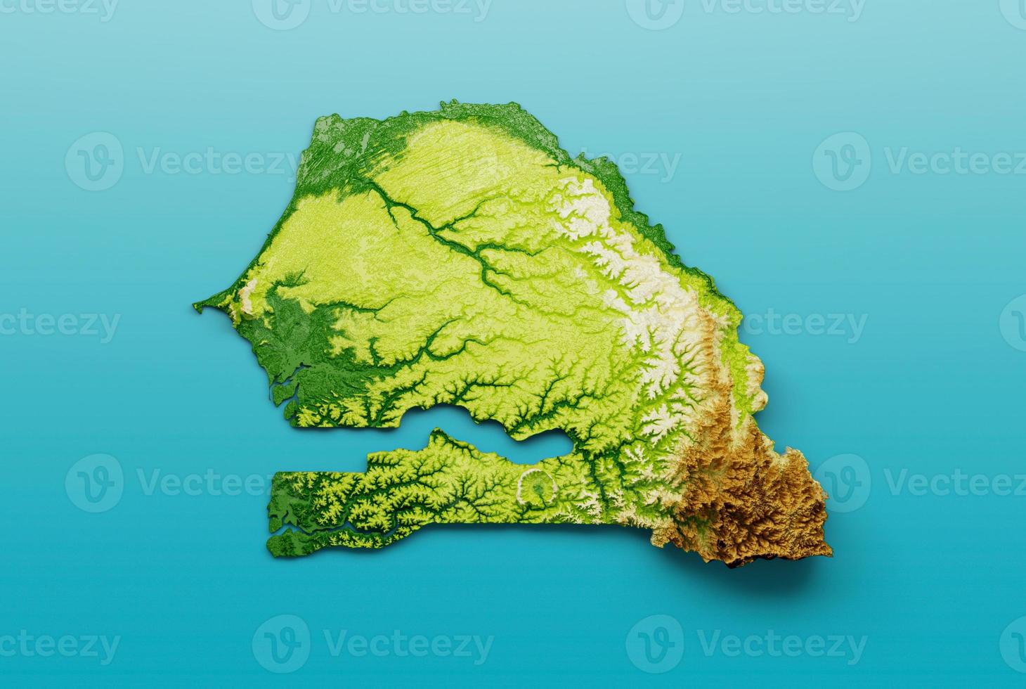 senegal-karte schattierte relieffarbe höhenkarte auf dem meerblauen hintergrund 3d-illustration foto