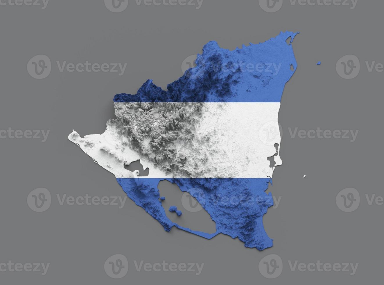 nicaragua-karte flagge schattierte relieffarbe höhenkarte auf weißem hintergrund 3d-illustration foto