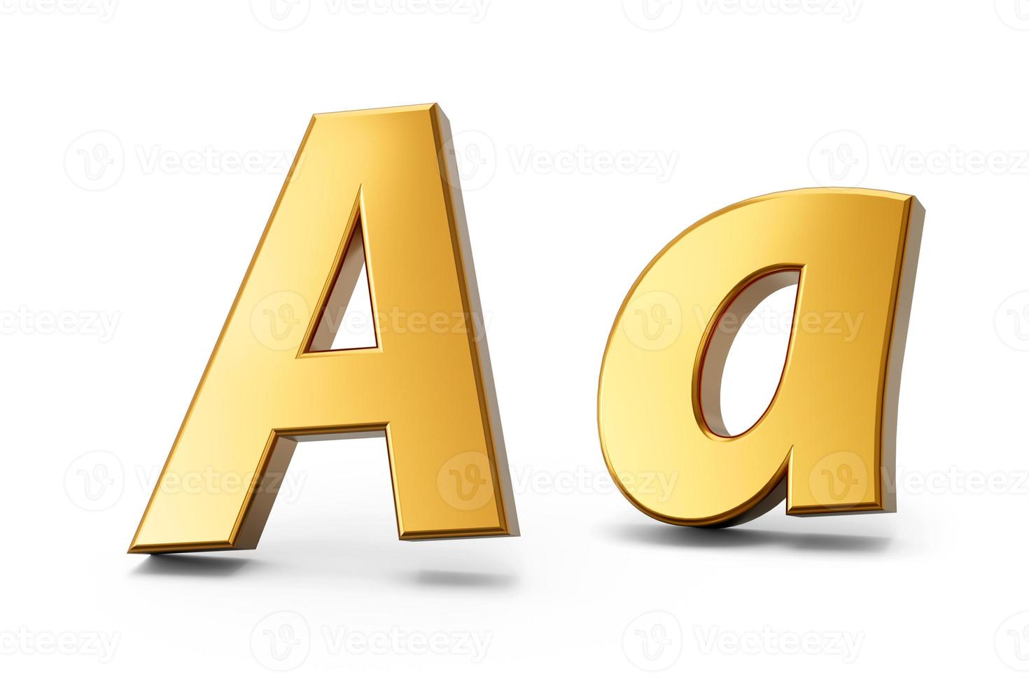 3D-Buchstabe a in Goldmetall auf weißem, isoliertem Hintergrund, Groß- und Kleinbuchstaben 3D-Illustration foto