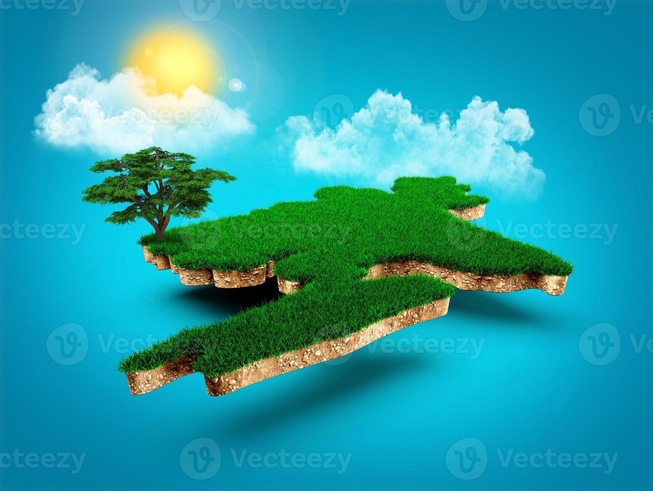 bangladesch karte, realistische 3d-karte von bangladesch wolken baum sonnenstrahlen auf strahlend blauem himmel 3d illustration foto