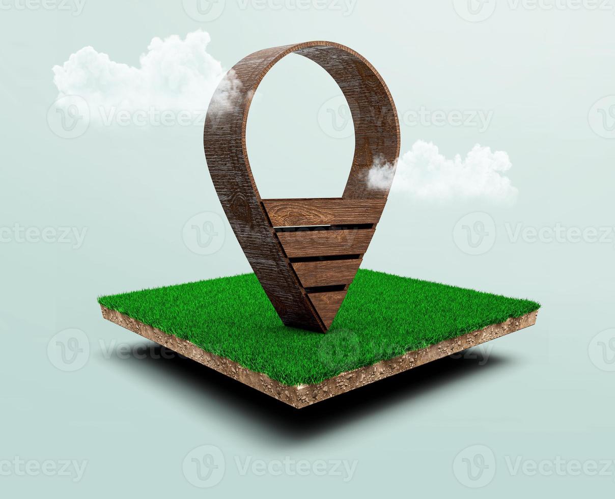 Holzstandort-Pin-Symbol auf kubischem Bodenlandgeologie-Querschnitt mit grünem Gras, Bodenökologie isoliert auf blauem Himmel. 3D-Darstellung. foto