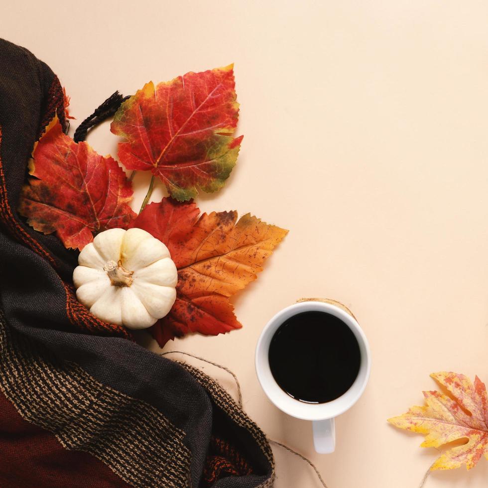 Flatl-Lay-Stil von Herbst und Thanksgiving mit Kürbis, Kaffee, Schal und Ahornblatt, Kopierraum foto