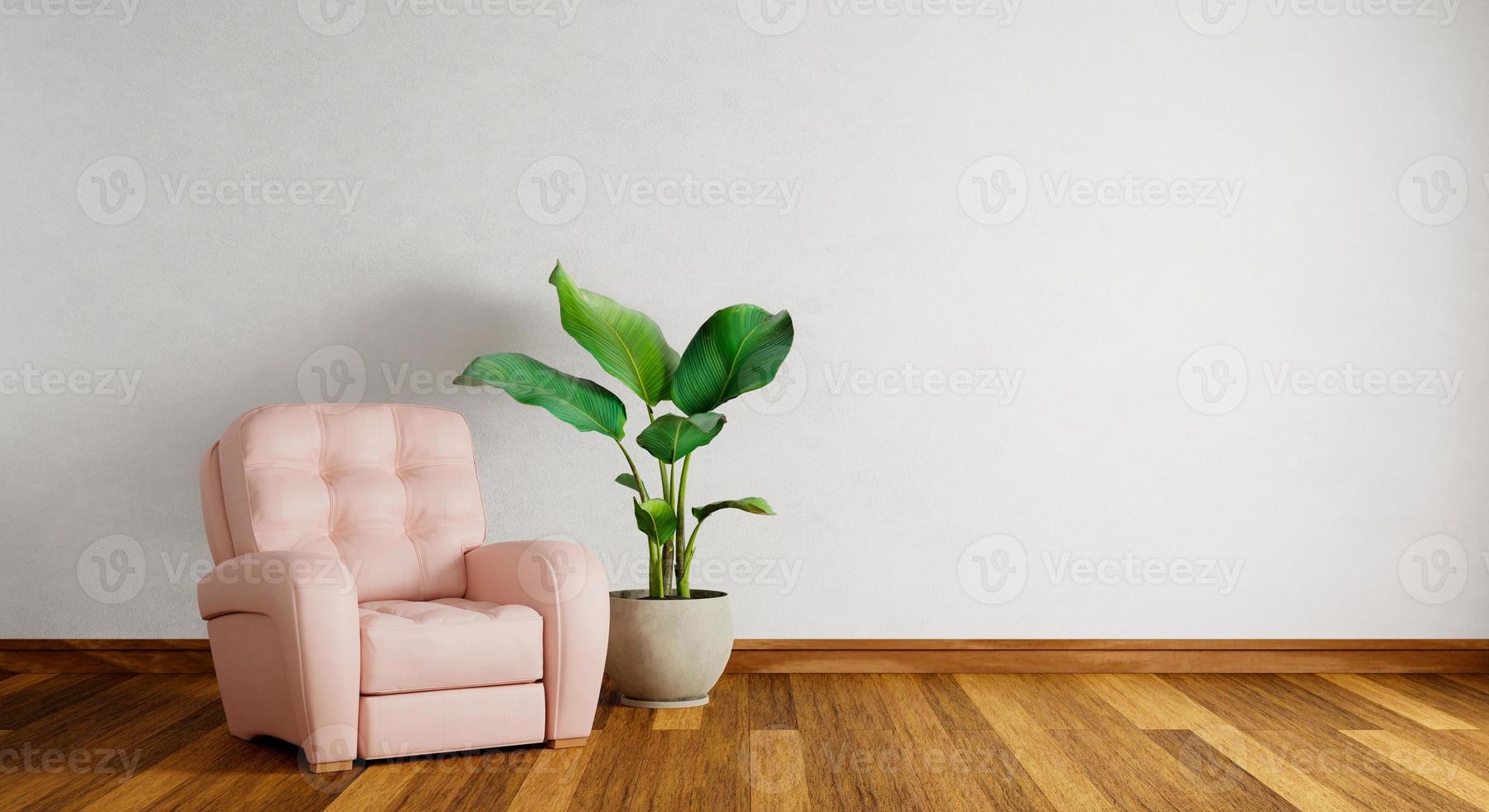Rosafarbenes Sofa auf leerer weißer Wand mit Holzparkettboden im Wohnzimmerhintergrund. Architektur und Interieur. 3D-Darstellungswiedergabe foto