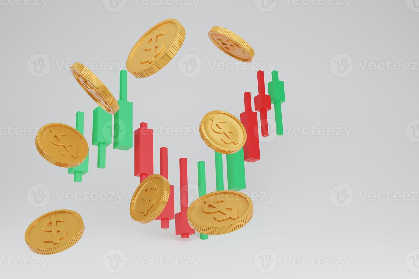 online-handelsdiagramme für finanzen mit fliegenden münzen geld, investitionsbörsen, kerzendiagramm, isolierter hintergrund, pastellkonzept. 3d-rendering-illustration. foto