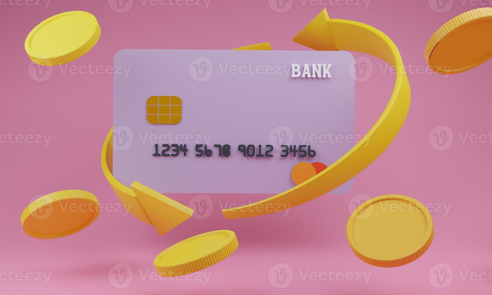 kreditkarte mit pfeilen umgeben von coins.shopping mobile app, goldpfeile coinscashback und banking, money-saving.mock up leeren bildschirm kopierraum, isolieren hintergrund.3d-rendering-illustration. foto