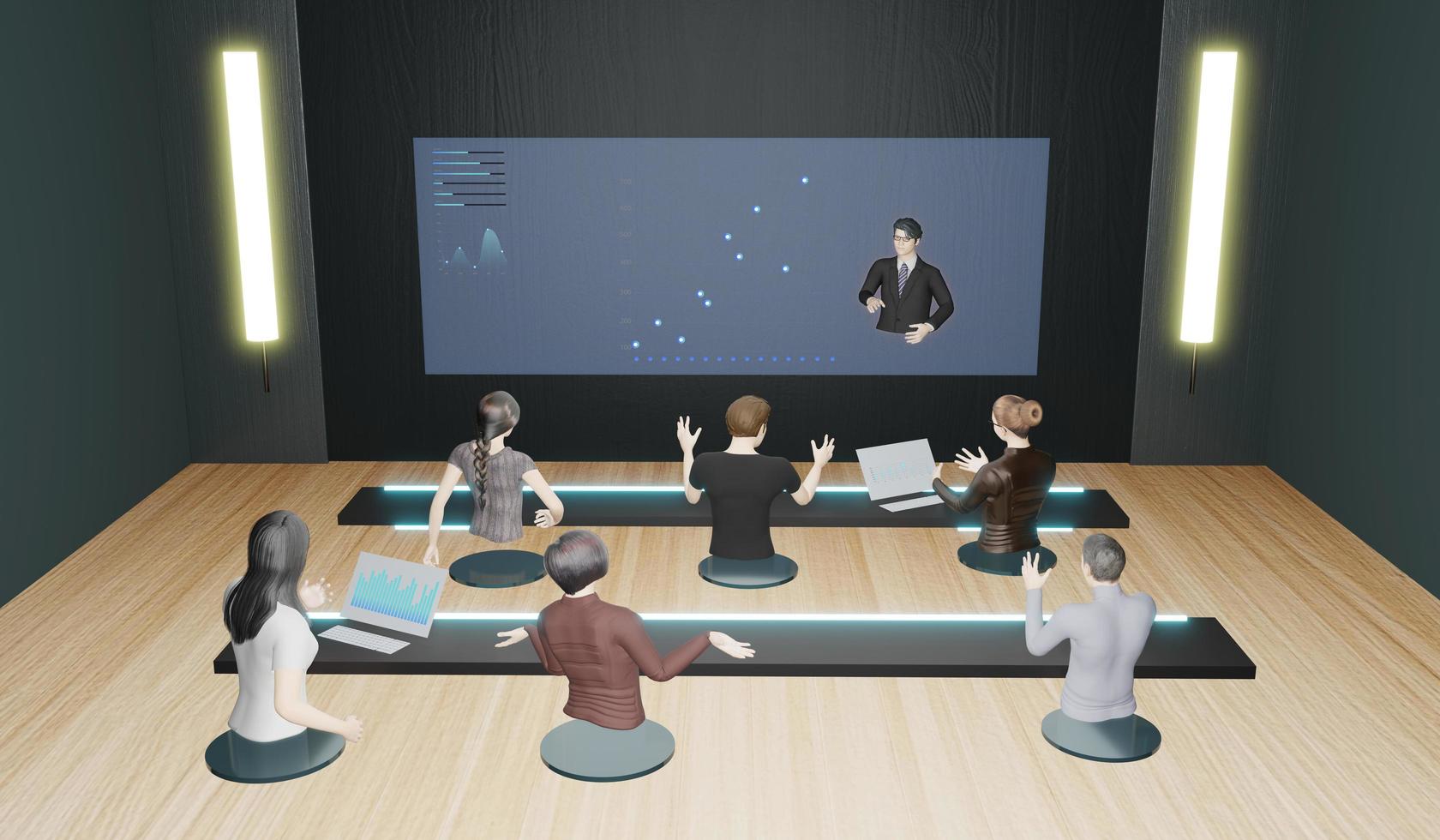 online-kurse online-seminare online-meeting-avatare im büro und im klassenzimmer menschen in metaverse 3d-illustration foto