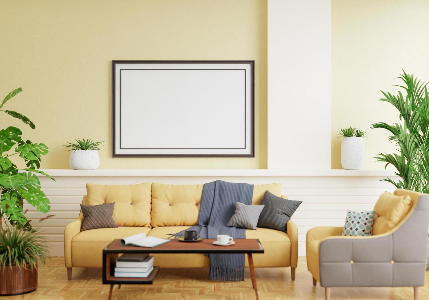 minimales poster im innenstil verspotten die wohnzimmerwand. . Platz kopieren. 3D-Rendering. foto