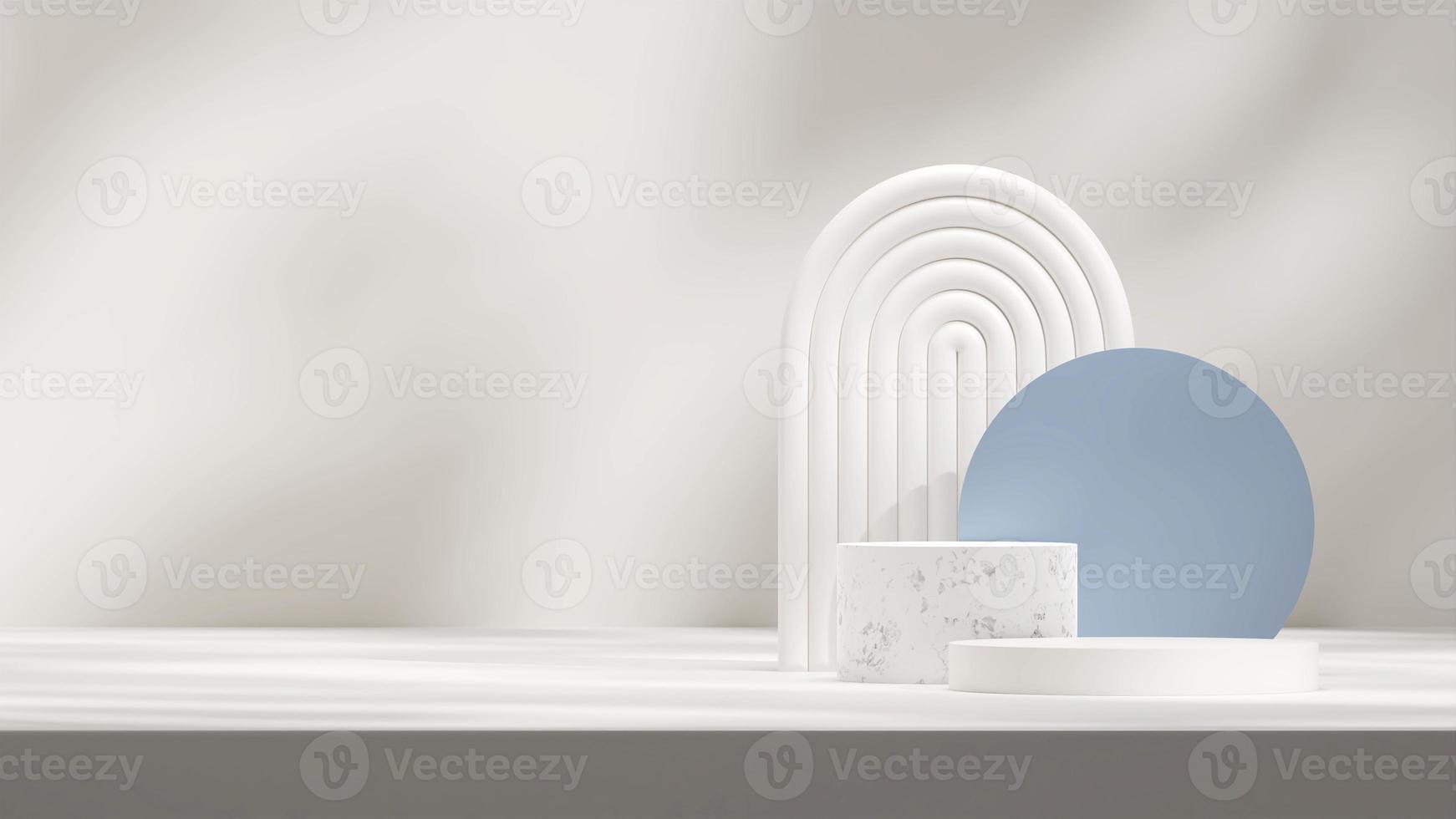 3D-Renderbildmodell aus weißem Marmorpodium in Landschaft mit Sonnenschatten und dekorativem Hintergrund foto